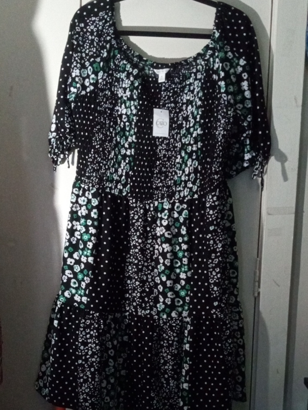Cato Black Midi Dress with White Polka Dots & Green Floral Accents NWT XL